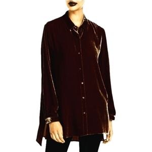 Eileen Fisher Silk Classic Collar Velvet button down Shirt size L dark brown